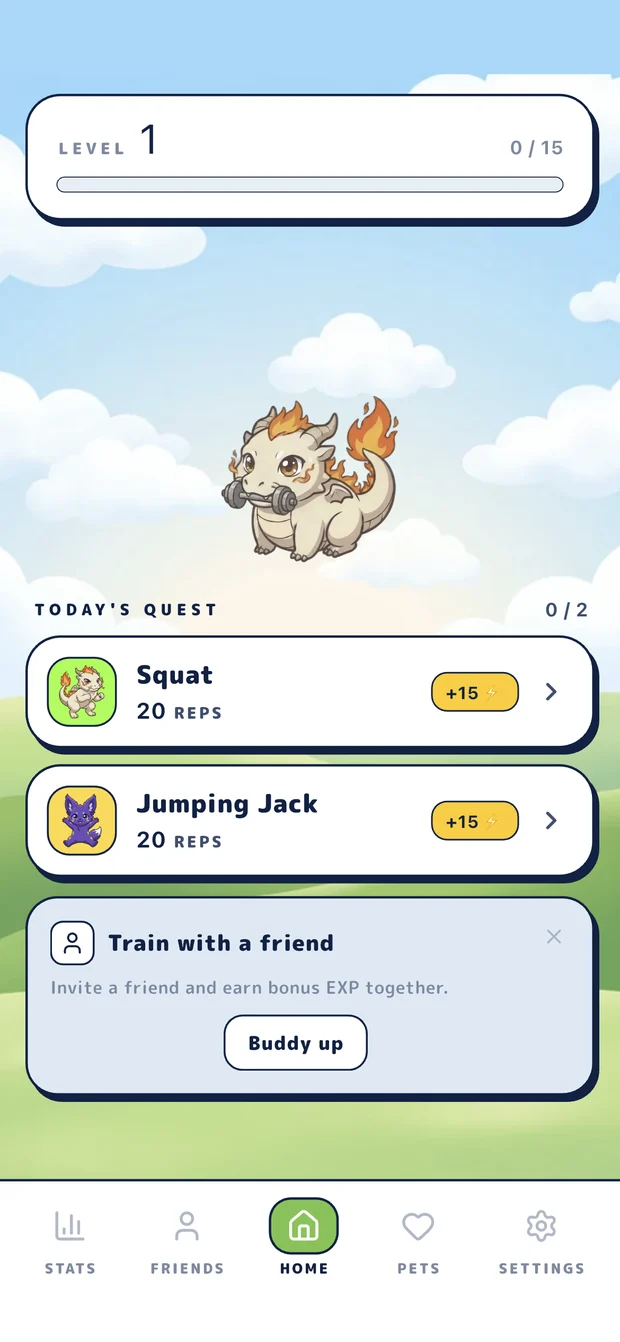 TrainWiz home screen with your buddy and today's quests