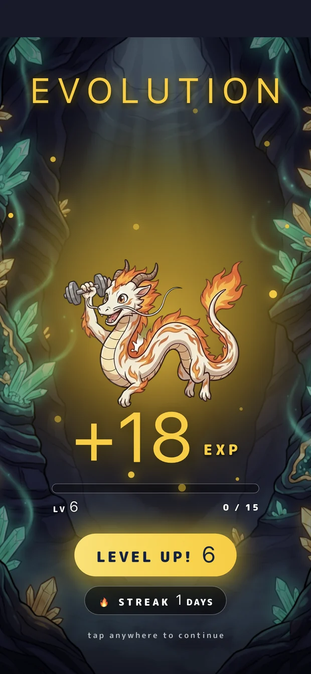 Evolution screen rewarding a level up with XP and a streak