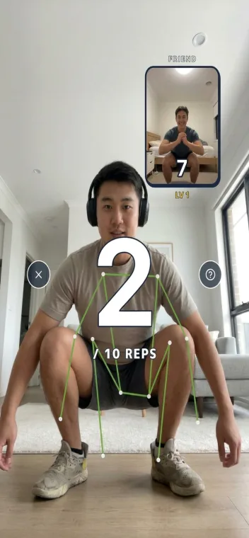 Live co-op workout with a friend, pose detection counting reps
